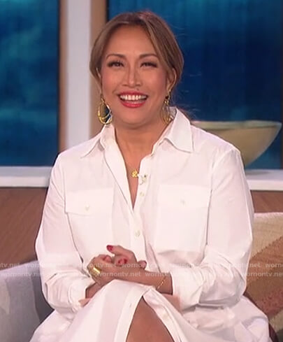 Carrie's white chain embellished shirtdress on The Talk