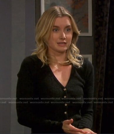 Claire's grey cardigan and plaid pants on Days of our Lives