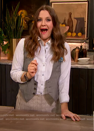 Drew's blue pinstripe shirt and pants on The Drew Barrymore Show