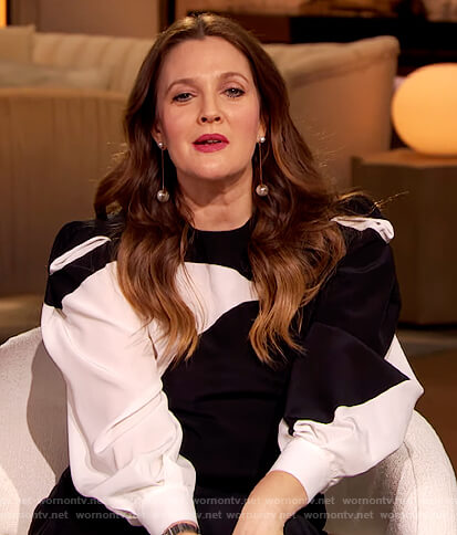 Drew's black and white puff sleeve blouse on The Drew Barrymore Show