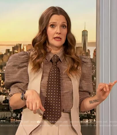 Drew's check puff sleeve blouse on The Drew Barrymore Show