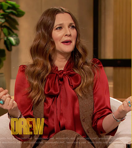 Drew's red satin tie neck blouse on The Drew Barrymore Show