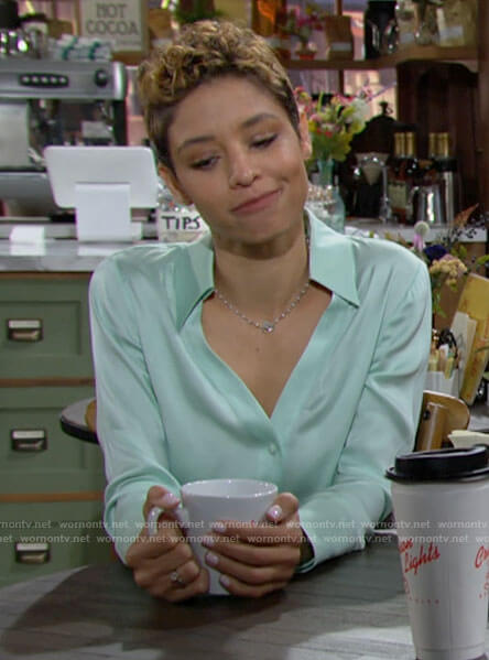 Elena's mint green button down top on The Young and the Restless