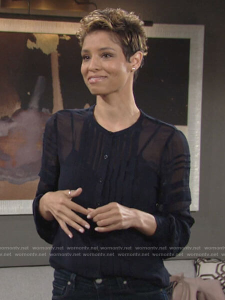 Elena's sheer navy stripe blouse on The Young and the Restless