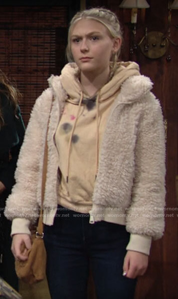 Faith's fleece bomber jacket on The Young and the Restless