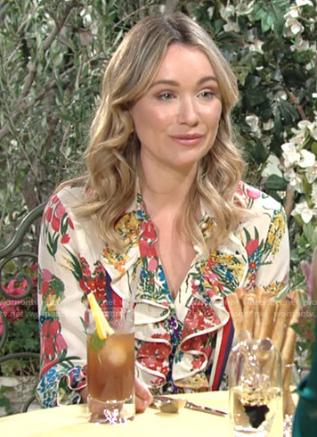 Flo's floral ruffled mini dress on The Young and the Restless