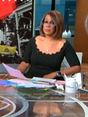 Gayle King's black scalloped trim dress on CBS This Morning