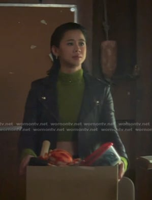 George's purple leather moto jacket on Nancy Drew