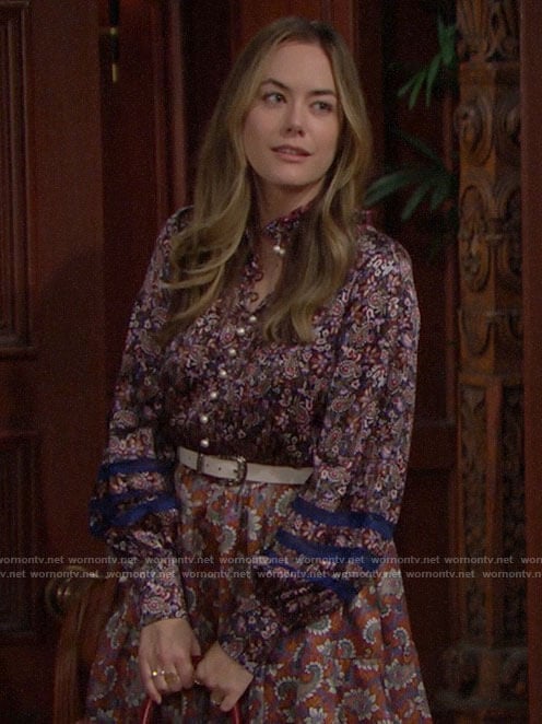 Hope's mixed print long sleeve dress with pearl buttons on The Bold and the Beautiful
