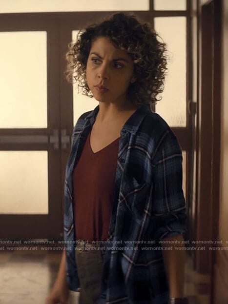 Isabel's blue plaid shirt on Tiny Pretty Things