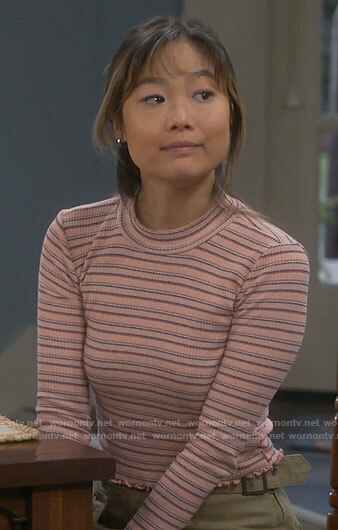 Jen's pink striped long sleeved top on Last Man Standing