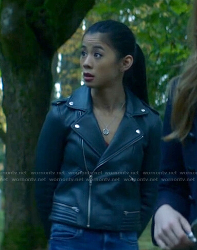 George's black leather moto jacket on Nancy Drew