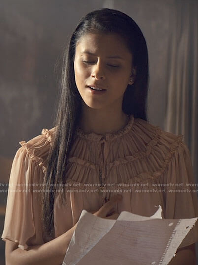 June's blush ruffled tie front blouse on Tiny Pretty Things