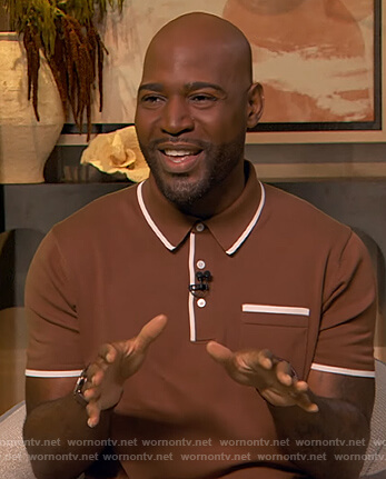 Karamo's brown contrast trim polo on The Drew Barrymore Show