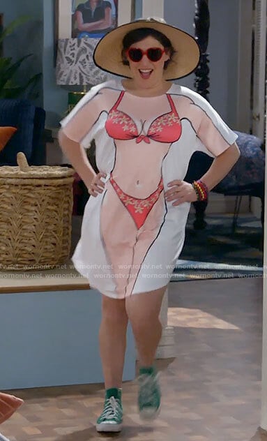 Kat's bikini body t-shirt and green sneakers on Call Me Kat