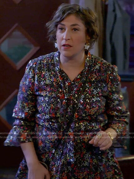 Kat's metallic floral tie-neck dress on Call Me Kat