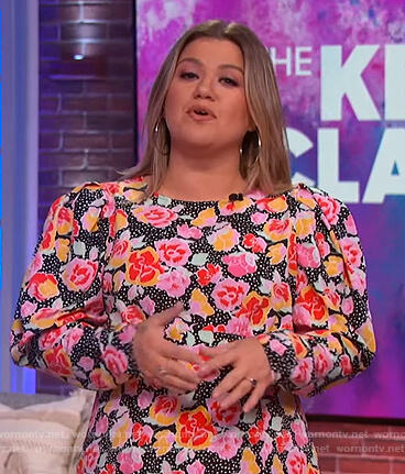 Kelly's black floral print midi dress on The Kelly Clarkson Show