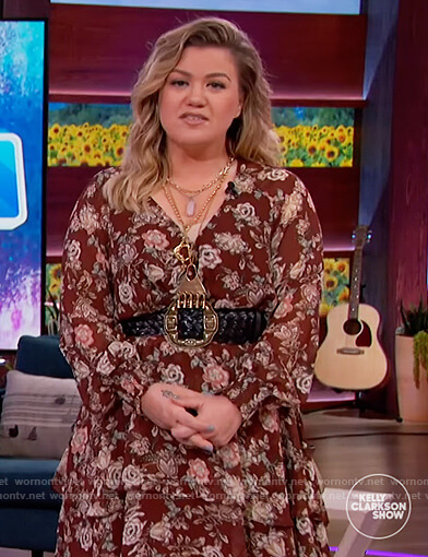 Kelly's burgundy floral mini dress on The Kelly Clarkson Show