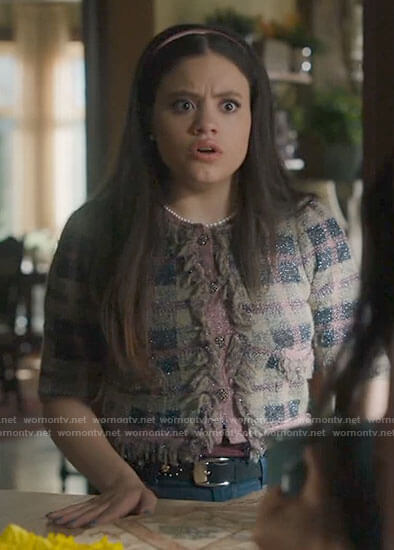 Maggie's plaid fringe trim sweater on Charmed