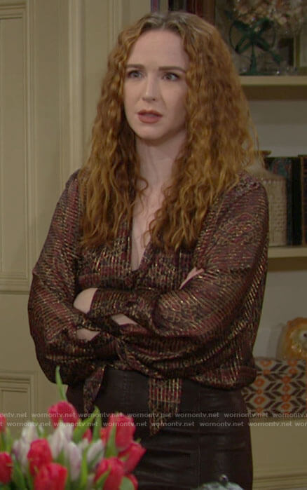 Mariah's printed metallic tie neck blouse on The Young and the Restless