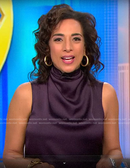 Michelle Miller's purple sleeveless cowl neck top on CBS This Morning