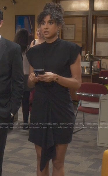 Mikaela's black draped front dress on Mr Mayor