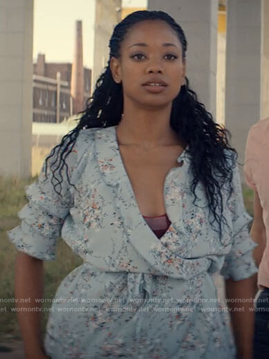 Neveah's blue floral ruffled wrap dress on Tiny Pretty Things