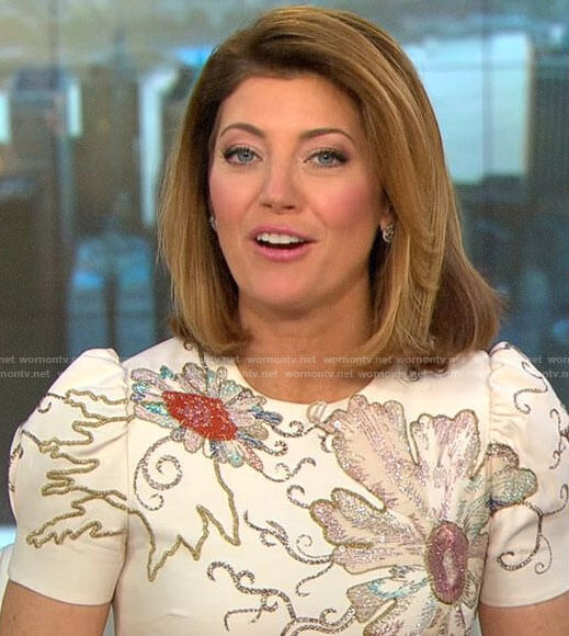 Norah O'Donnell's ivory floral embellished dress on CBS This Morning