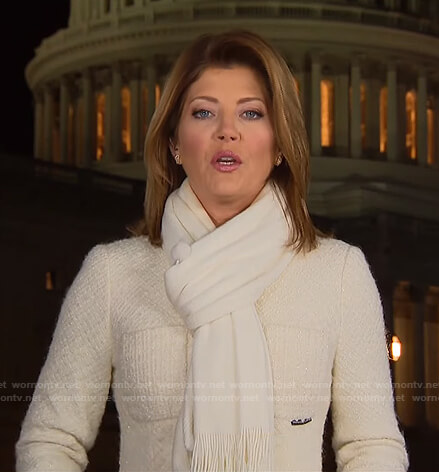 Norah's white tweed coat on CBS Evening News