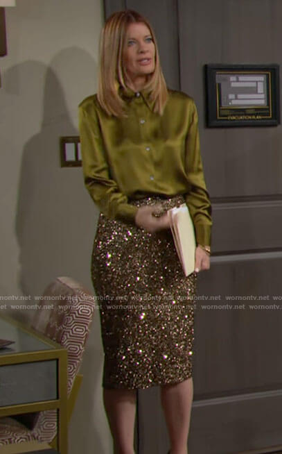 Phyllis's green button down blouse and sequin pencil skirt on The Young and the Restless