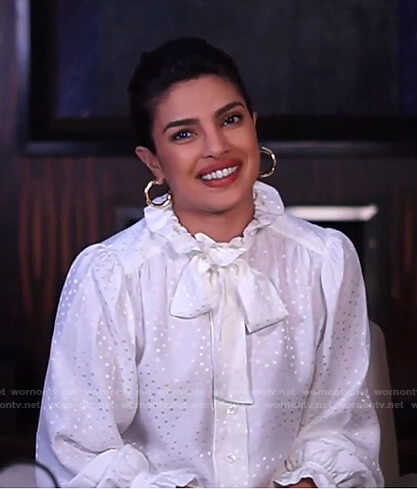 Priyanka Chopra Jonas's white polka dot tie neck blouse on Live with Kelly and Ryan