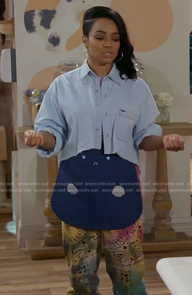 Randi's cropped chambray shirt and tie dye pants on Call Me Kat