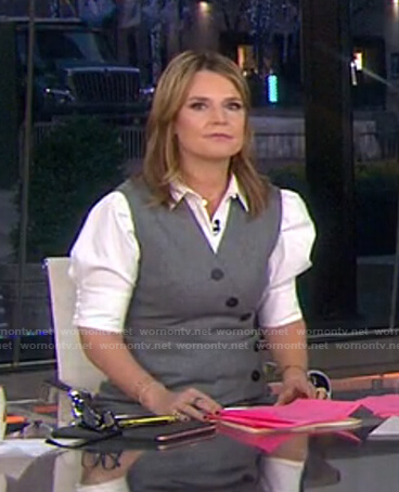 Savannah's white puff sleeve top and grey buttoned dress on Today