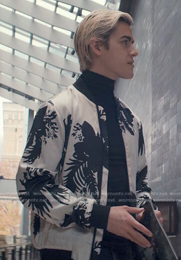 Shane's black and white floral bomber jacket on Tiny Pretty Things