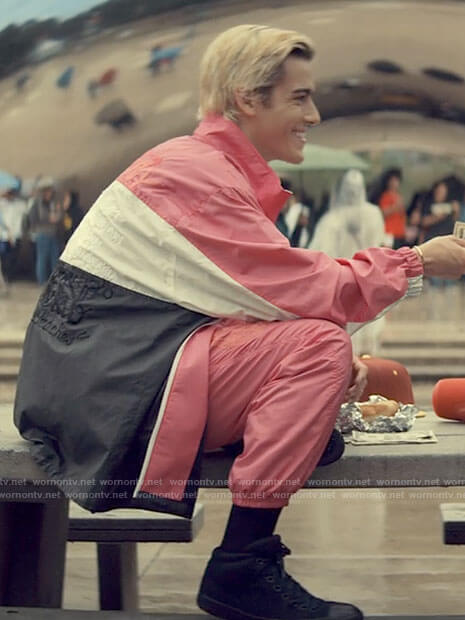 Shane's pink jacket with embroidered back on Tiny Pretty Things