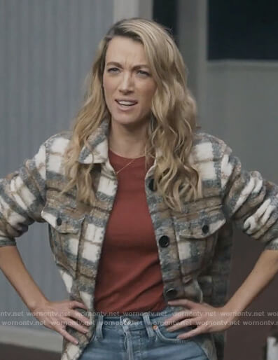 Shannon's beige check jacket on The Unicorn