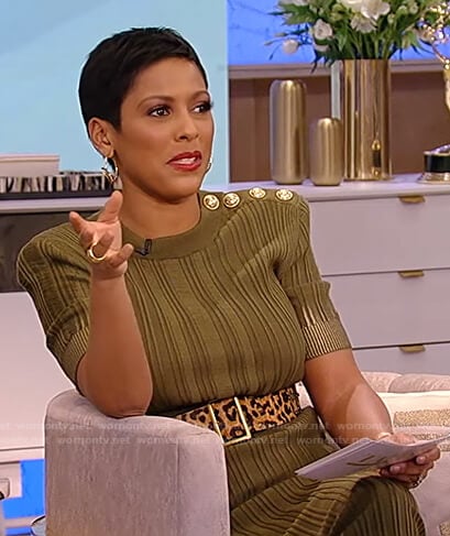 Tamron's green ribbed dress on Tamron Hall Show
