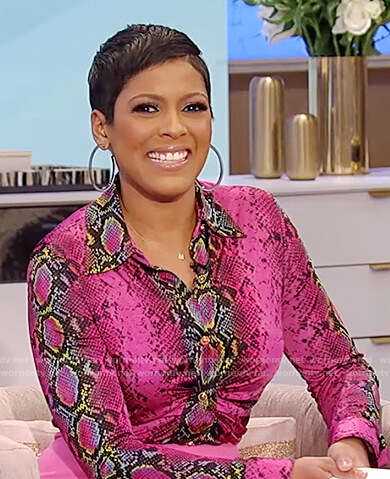 Tamron's pink snakeskin ruched blouse on Tamron Hall Show