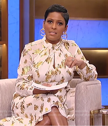Tamron's white metallic floral dress on Tamron Hall Show