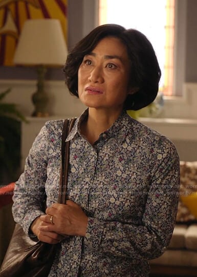 Mrs. Kim's blue floral shirt on Kims Convenience