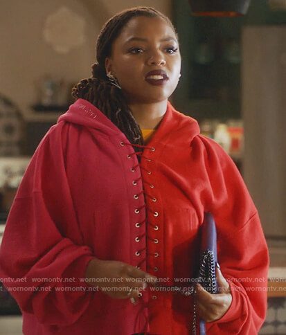 Jazlyn's red and pink lace-up hoodie on Grown-ish