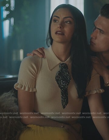 Veronica's white metallic tie neck sweater on Riverdale