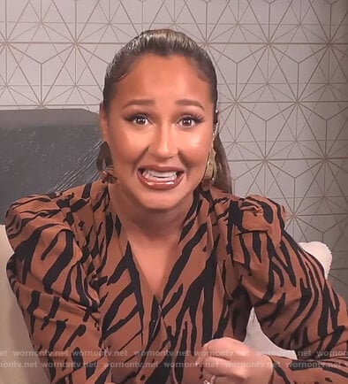 Adrienne's brown tiger stripe jumpsuit on The Real