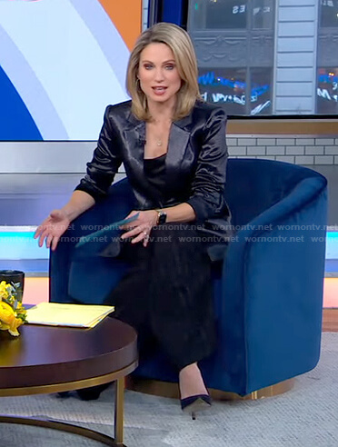 Amy's navy satin blazer and wide-leg pants on Good Morning America