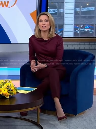 Amy's burgundy long sleeve top and pants on Good Morning America