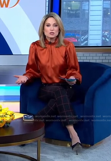 Amy's orange top and cropped check pants on Good Morning America