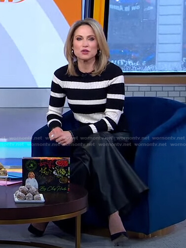 Amy's striped sweater and wide-leg leather pants on Good Morning America