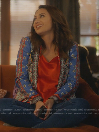 Ana's mixed print blazer and satin top on Grown-ish