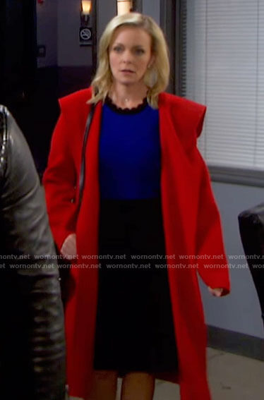 Belle's red hooded wrap coat on Days of our Lives