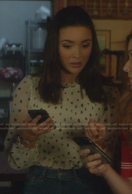 Bess's white dotted smocked blouse on Nancy Drew